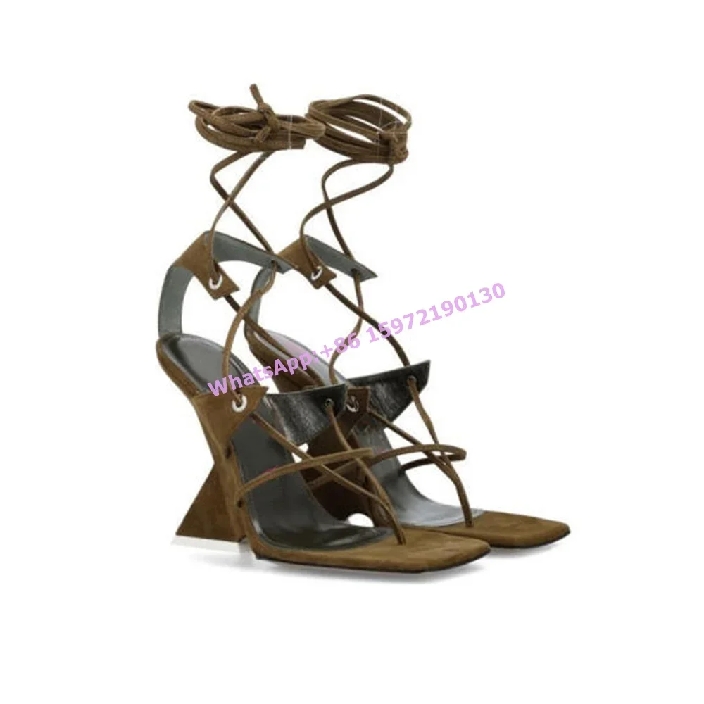 

Strange Heels Wedges Ankle Band Sandals Square Toe Flip Flops 2025 Trendy Shoes Square Toe Cross Tied Lace Up Sexy Party Shoes