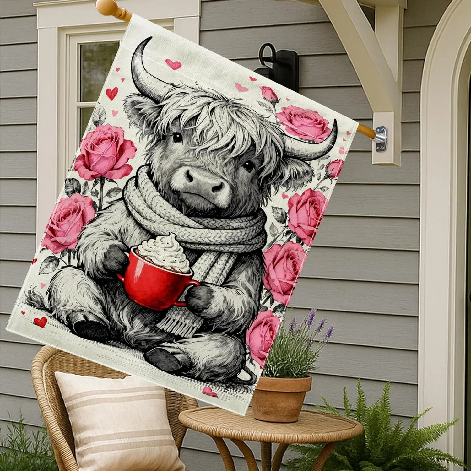 Highland Cow House Flag, Fanciful Romantic Roses Hearts Valentine Peach Double Sided Burlap Outside Large Garden Flag for Ou IIC