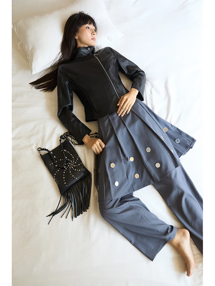 Ultra macio e confortável retro sle biker jaet cintura cinched oulder ajuste textura do plutônio proteína couro feminino casaco faion