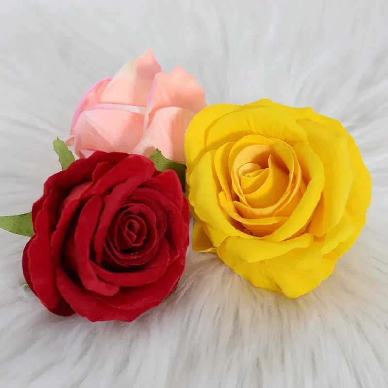 Artificial Big Velvet Rose Head Flower Bouquet Real Looking Fake Roses Home Wedding Centerpieces Party Decorations 9cm