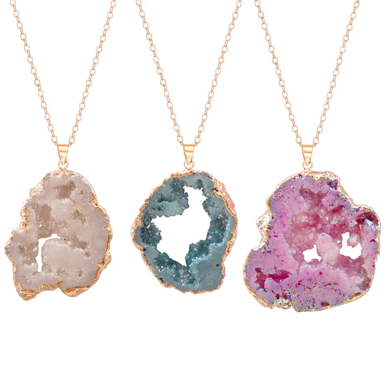 Irregular Geode Stone Quartz Pendant Necklace with Gold Plated Edge Bohemian Natural Stone Jewelry for Women