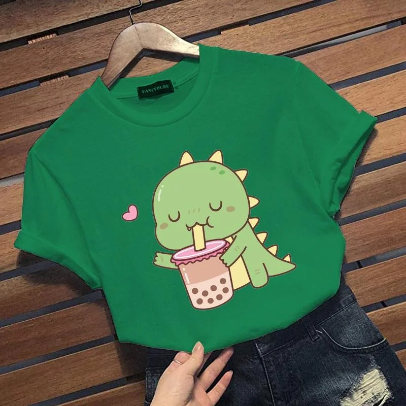 

Cute Cartoon Dinosaur Drinking Pearl Milk Tea Pattern Printed T-Shirt Women's Casual Cute Dinosaur Round Neck Short Sleeve Shirt