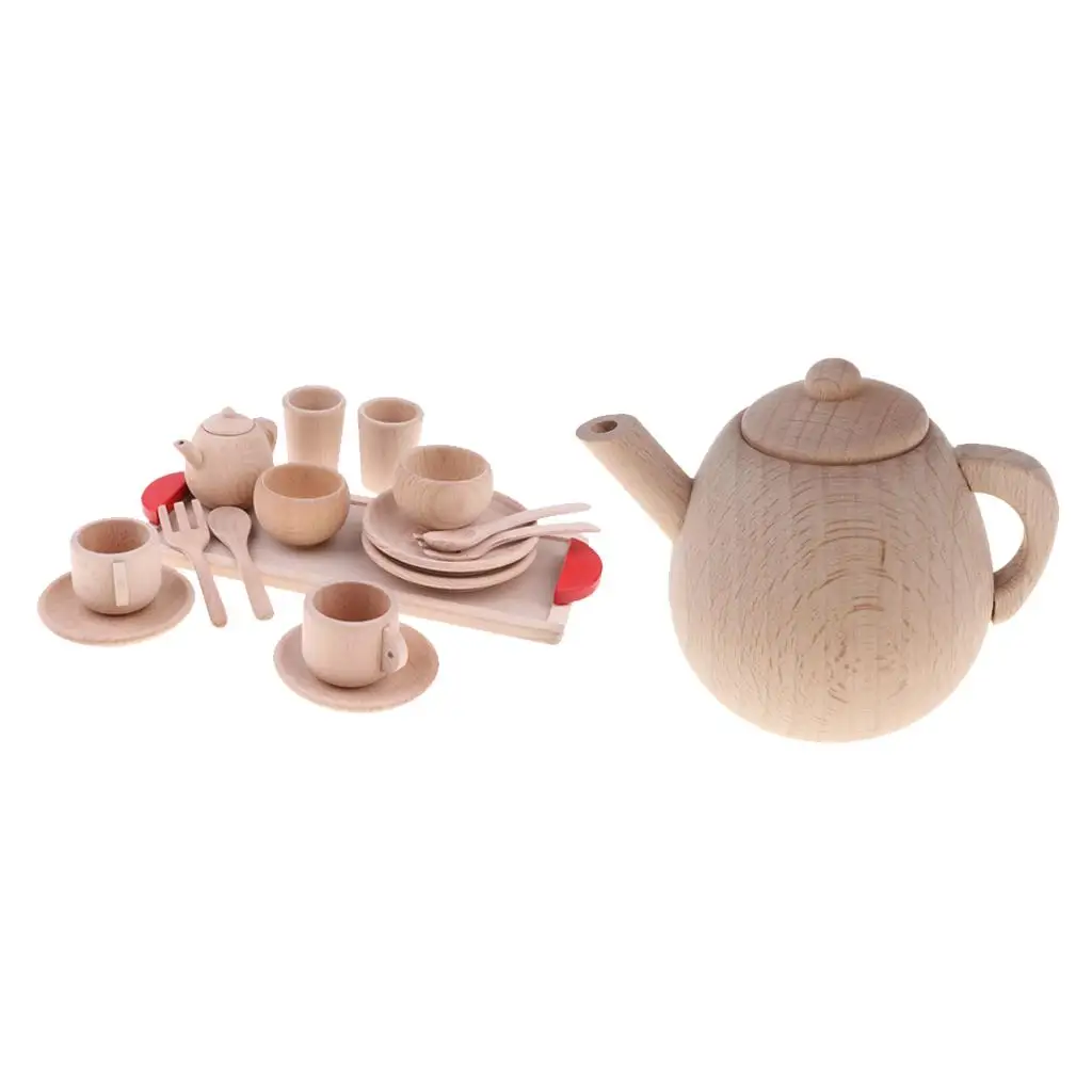 

Fun Wooden Cup Teapot Tableware Kids Pretend Play Educational Toys