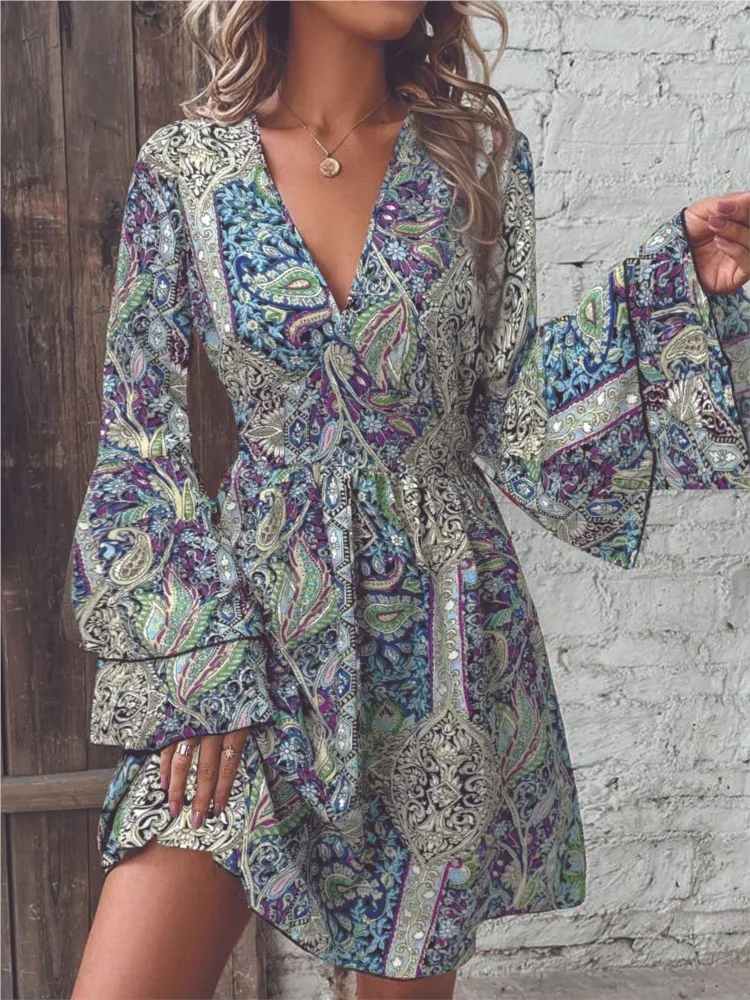Fashion Print V Neck Dress For Women Elegant Long Sleeve Ruffles High Waist Loose Dresses Lady Boho Holiday Womens Clothing Y2k