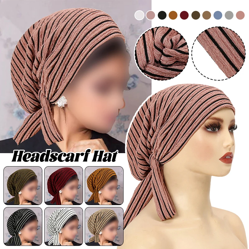 

2025 New Trendy Long Tail Strap Hijab Turban Hats Muslim Solid Color Head Wraps Elastic Breathable Chemo Cap For Women Girls