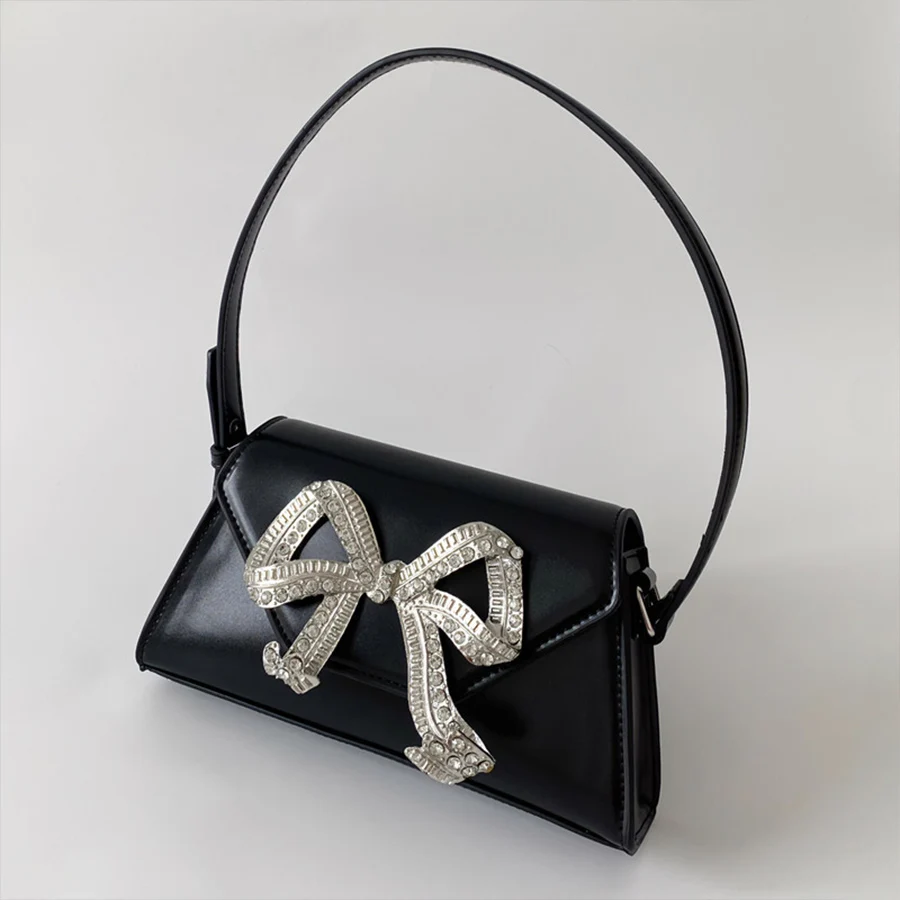 Glitter Shiny Pu+Bow Knot Diamond Handbag Women Shoulder Messenger Bag Wedding Party Evening Chain Small Square Bag Clutch Purse