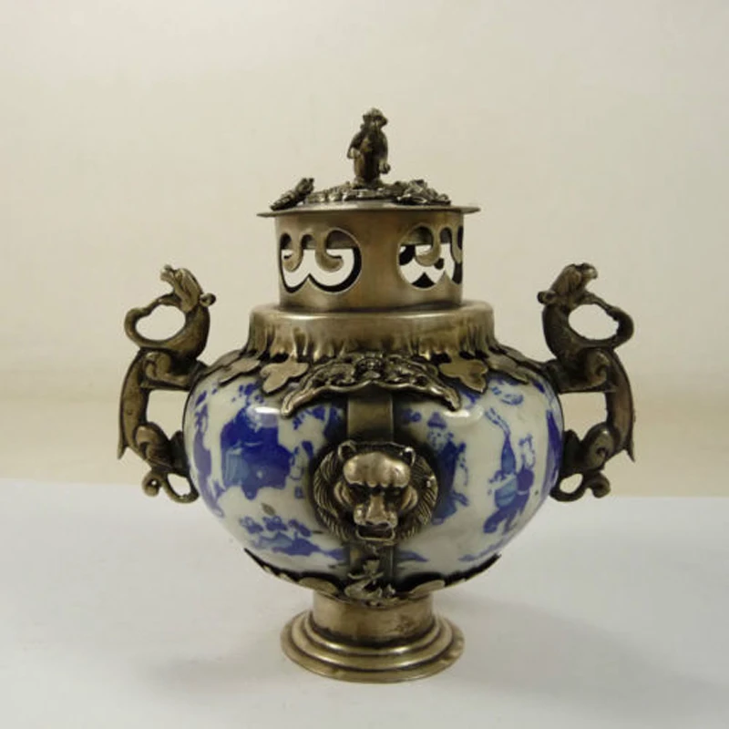 Exquisite Chinese handwork porcelain incense burner Inlaid with Tibetan Silver  lion dragon monkey