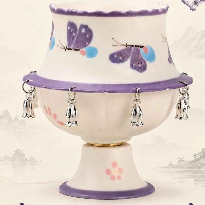 Hand Painted Ceramic Rotating Cup Chinese Style Spinning Tea Cup with Bells Desk Ornament Gift