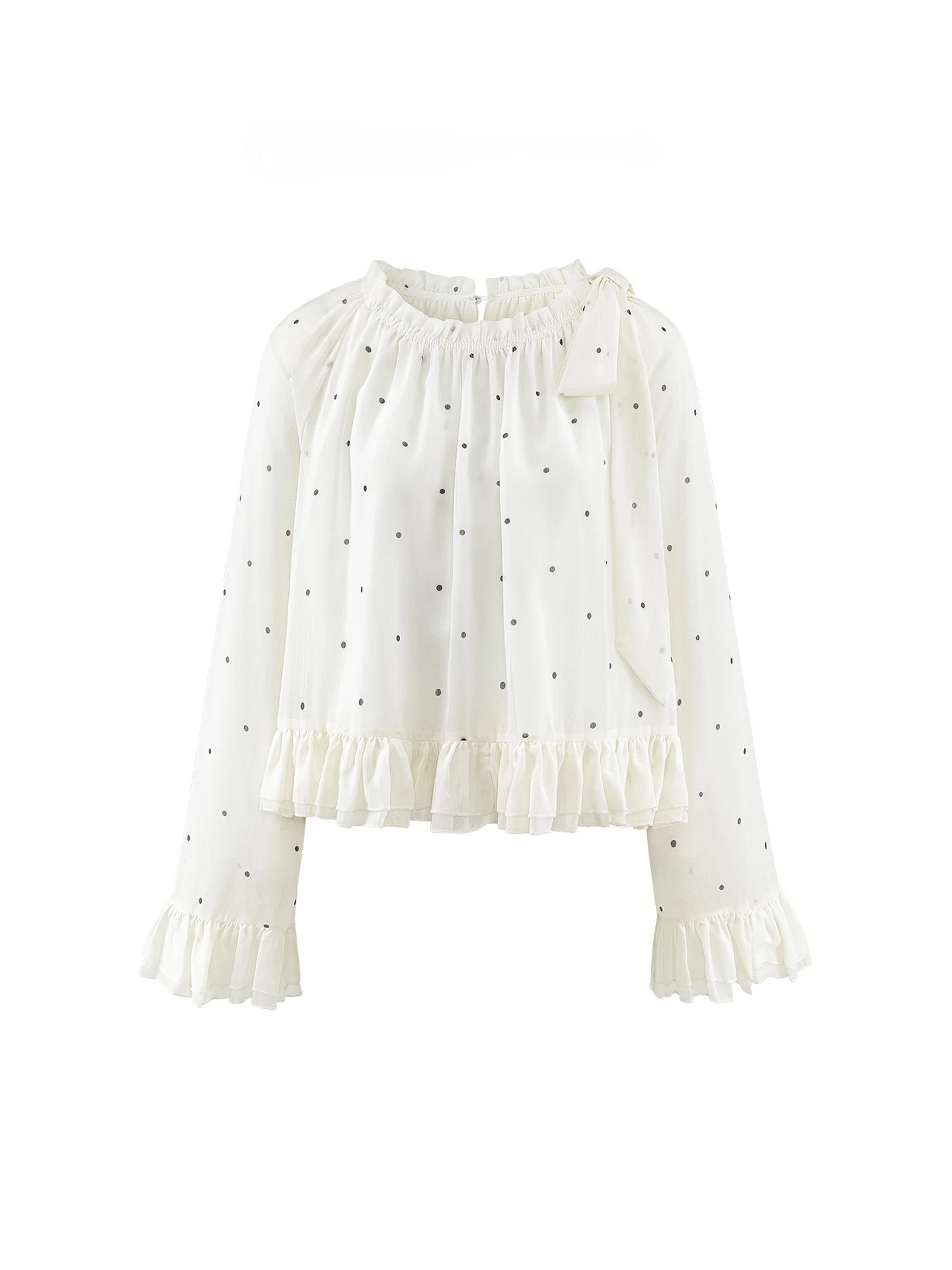 

Romantic White Polka Dot Long Sve Blouse for Women La Chapelle Sweet Gentle Lace Trim irt Commute Sle round Ne Pullover