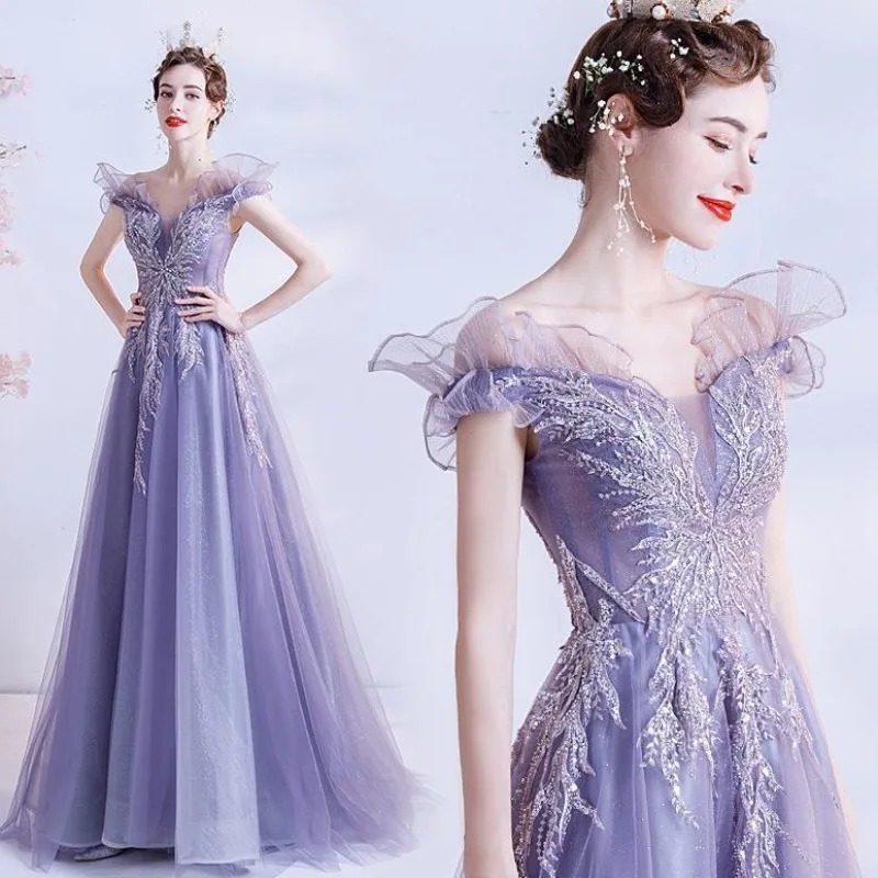 Vestido europeu e americano 2025 primavera/verão novo estilo elegante vestido de noiva brinde banquete anfitrião com decote em v vestido de noite