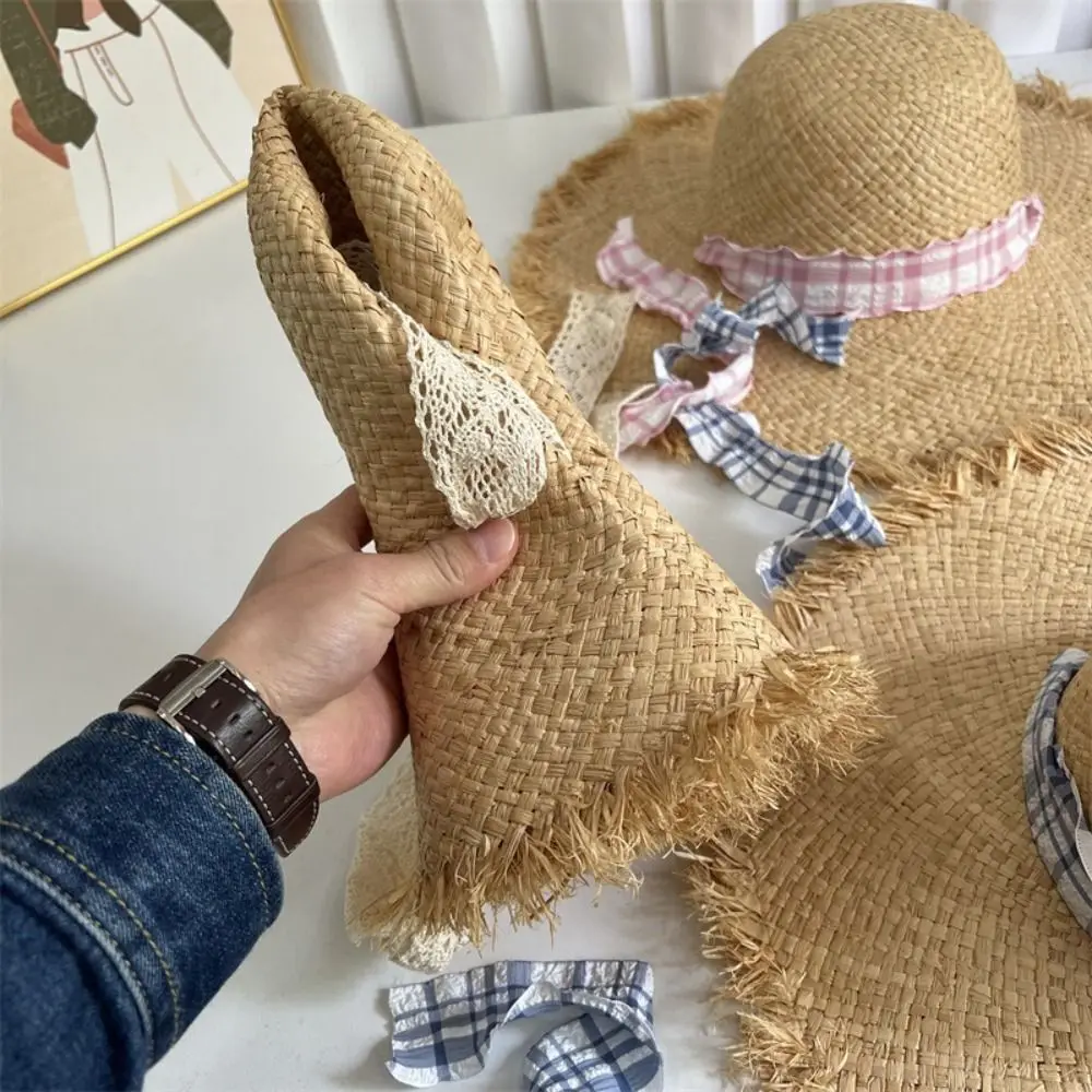 

Elegant UV Protection Lafite Straw Hat Lace-up Blue Plaid Beach Hat Foldable Sunscreen Weave Straw Cap Travel