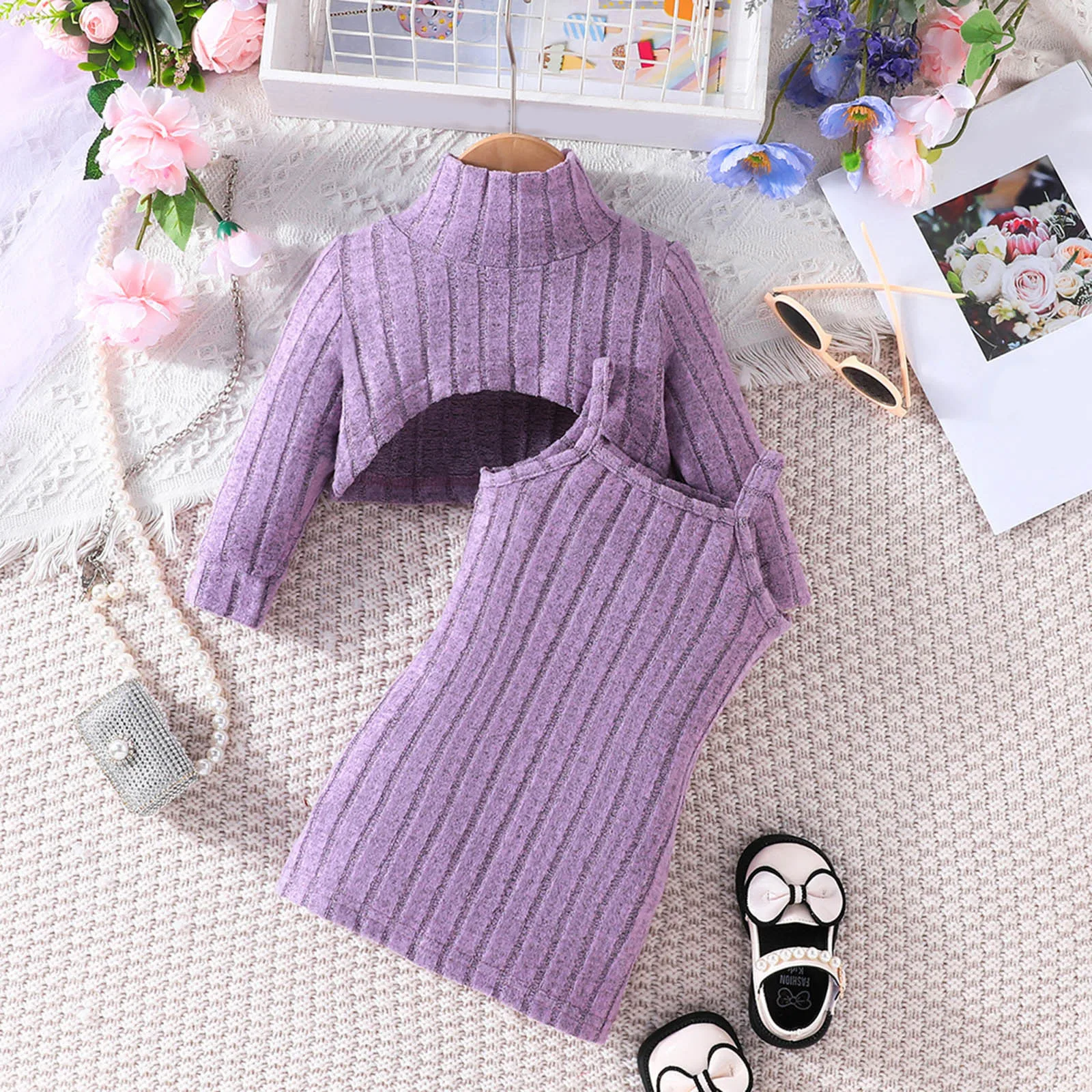 0-3Y Baby Infant Girls Winter Clothes Sets 2Pcs Outfit Sets Warm Long Sleeve Knitted Top+Spaghetti Strap Dress Newborn Clothing