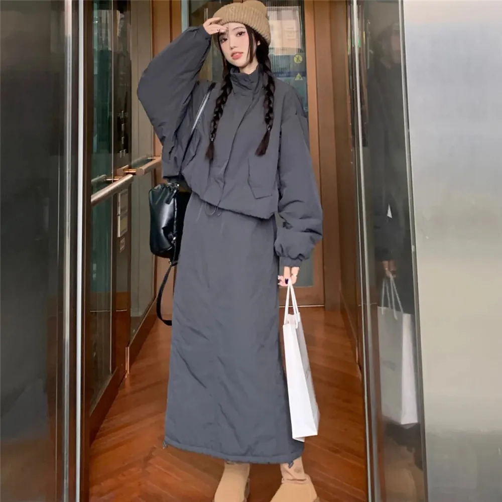 Thicken Warm Cotton Cargo 2pcs Set Stand Up Collar Loose Cropped Jacket + High Waist Long Skirt Women Harajuku Hip Hop Suit