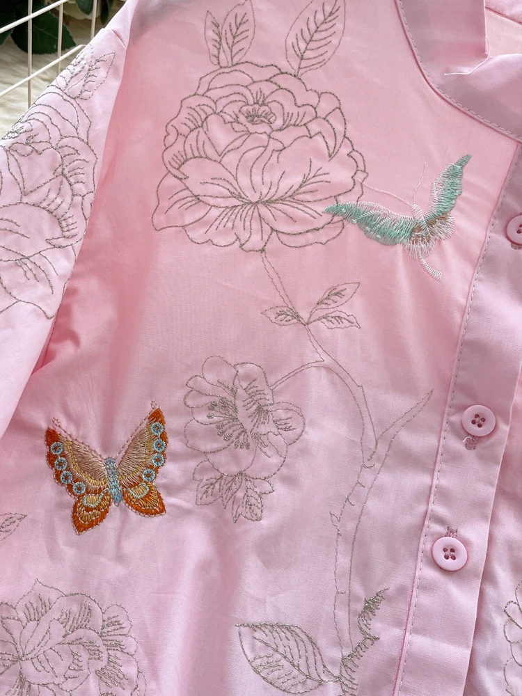 Luxuriöse rosa Schmetterlings-Stickerei-Bluse für Damen, 2022, neue elegante, lockere O-Ausschnitt-Langarm-Shirt-Damenbekleidung, schicke INKEO 5T074