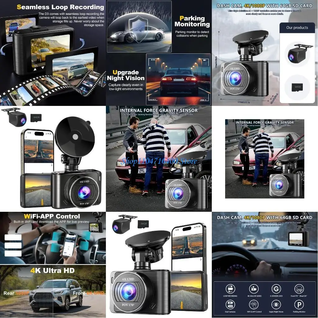 

y1gd 170° Wide Recorder 4K 1080p Support Front and Rear Recording Camera WiFi APP Control Built In 64G TF Card