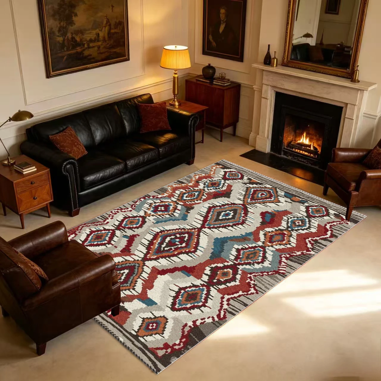Boho Kilim Geometric Square Area Rug Retro Tribal Diamond Chevron Printed Floor Carpet for Living Room Bedroom Home Decor