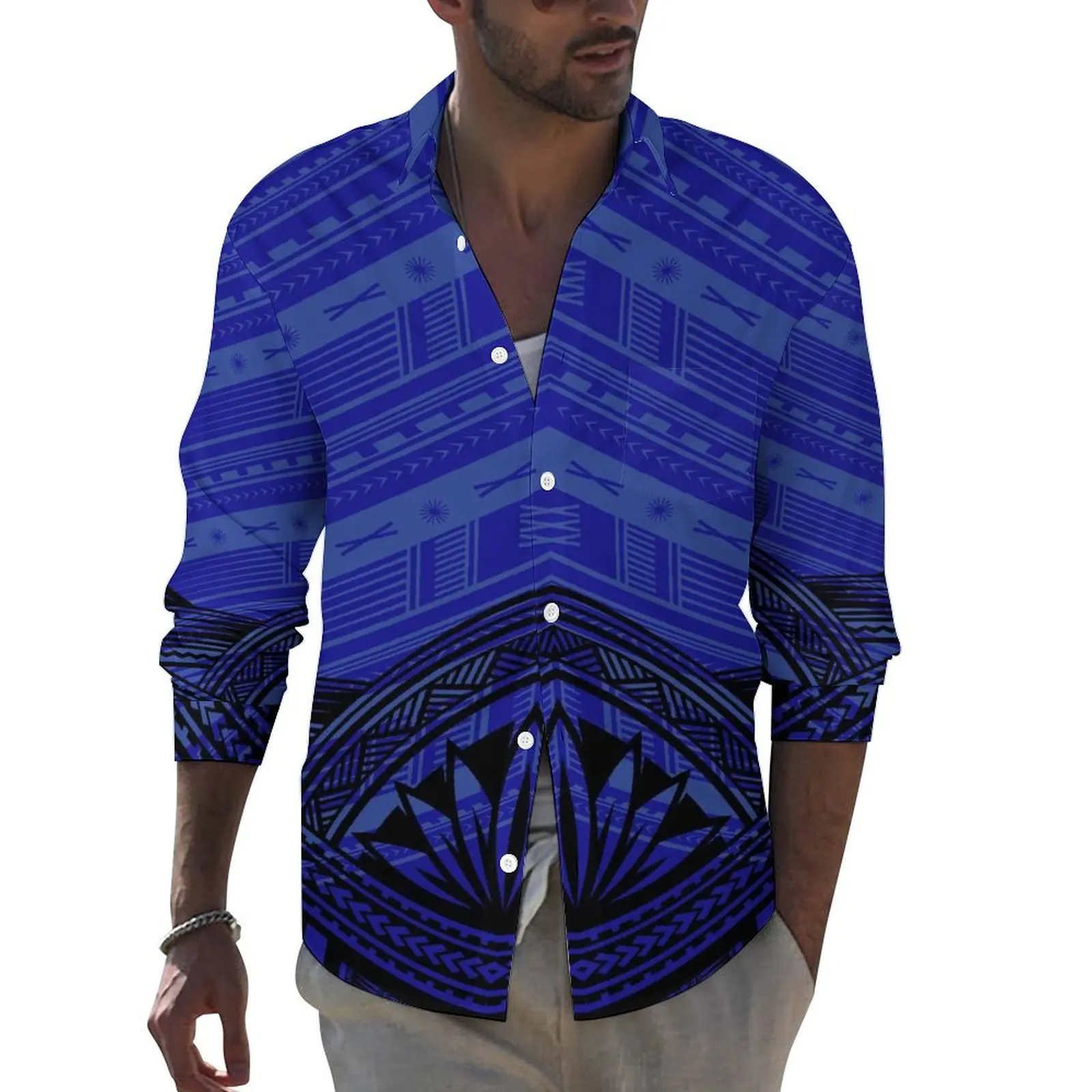 

High Quality Custom Men'S Long Sleeve Shirt Polynesian Tribal Design Pattern Hawaiian Button Down Shirt Lapel