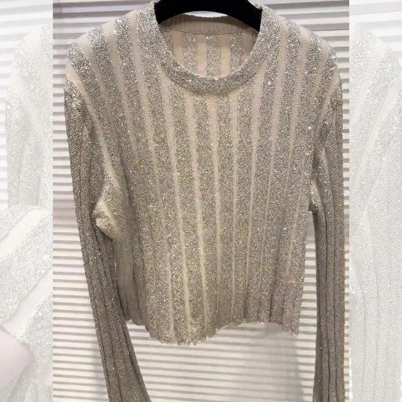 

Glitter Knitted Shirt 2025 Autumn New Slimming Stylish Design Knitwear Top for Women