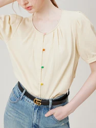 FSLE French Style Elegant Puff Sleeve Round Neck Women Shirt 2024 Summer New Commuter Versatile Casual Shirt For Female24FS18077