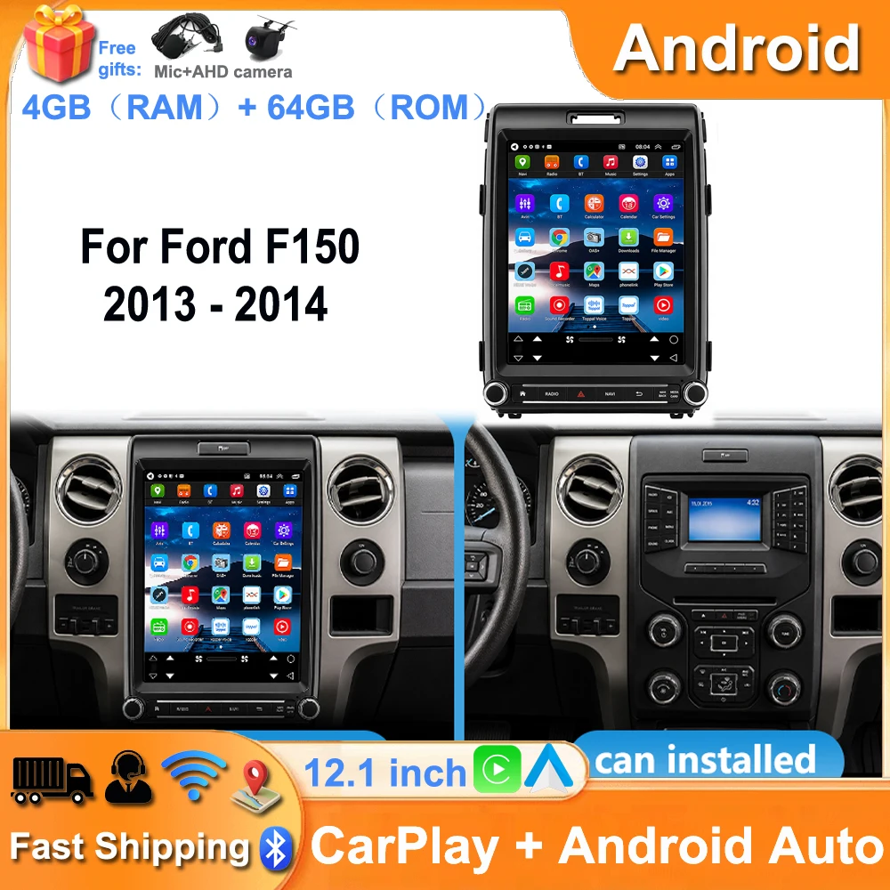 12.1-inch Car Stereo Radio GPS Navigation Head Unit Android 15 for Ford F150 2013-2014 Octa Core 4+64G 5G WiFi Bluetooth DSP FM