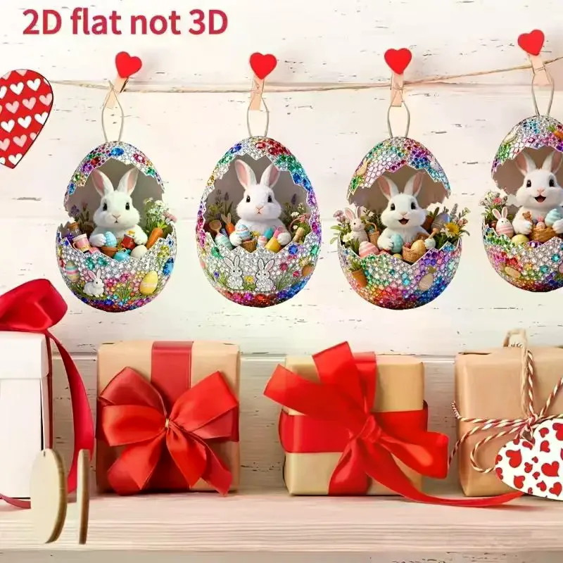 8Pcs Wooden Easter Egg Decorative Hanging Set 2D DIY Craft Easter Simulation Egg Decorative Artificial Egg Hanging Ornament