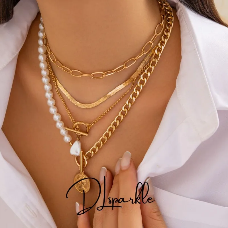 

DLsparkle Retro Metal Stacking Necklaces Fashion Imitation Pearl Round Plaque Portrait Pendants Necklace for Women Jewelry Gifts