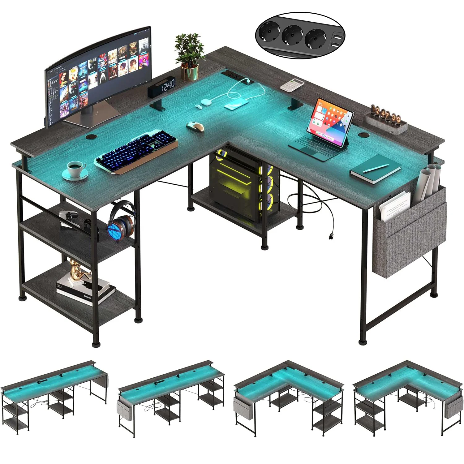 Mesa de ordenador de escritorio en forma de L con toma de estante USB LED RGB Mesa de oficina para juegos Gris/Negro