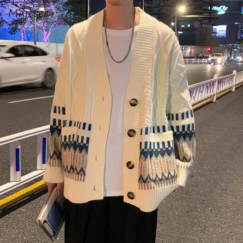 Twist Cardigan Men Jacquard Temperament Teenagers Japanese Preppy Style Simple Daily Baggy Panelled Slouchy Knitwear Youthful