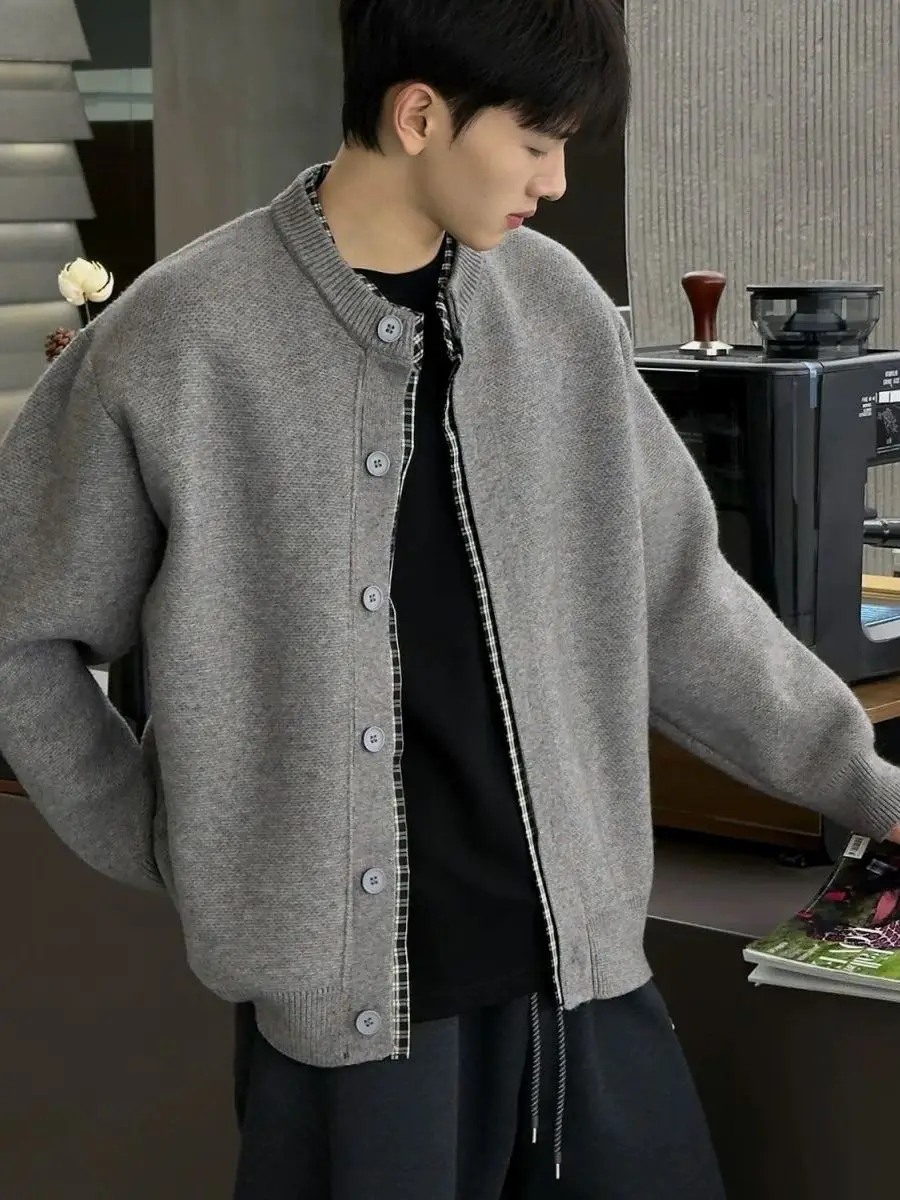 

Мужской повседневный вязаный кардиган в клетку с круглым вырезом, свободный крой, весна-осень, корейская версия