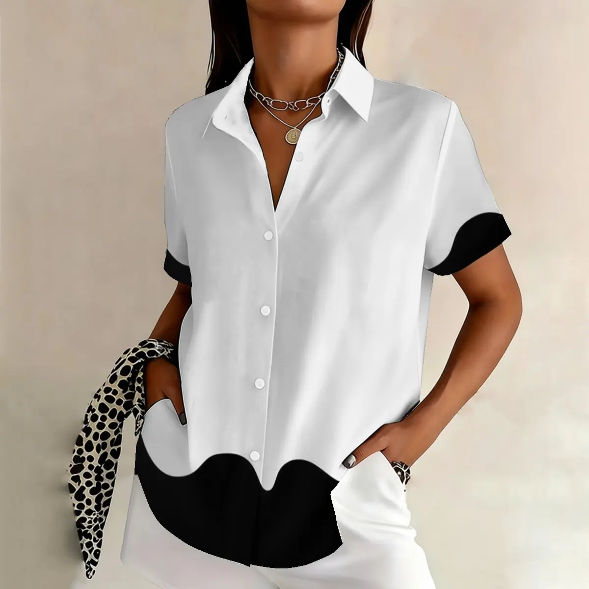 

Summer fashion plus-size women's short-sleeve lapel shirt, black-and-white color block, minimalist & stylish, for office, casual
