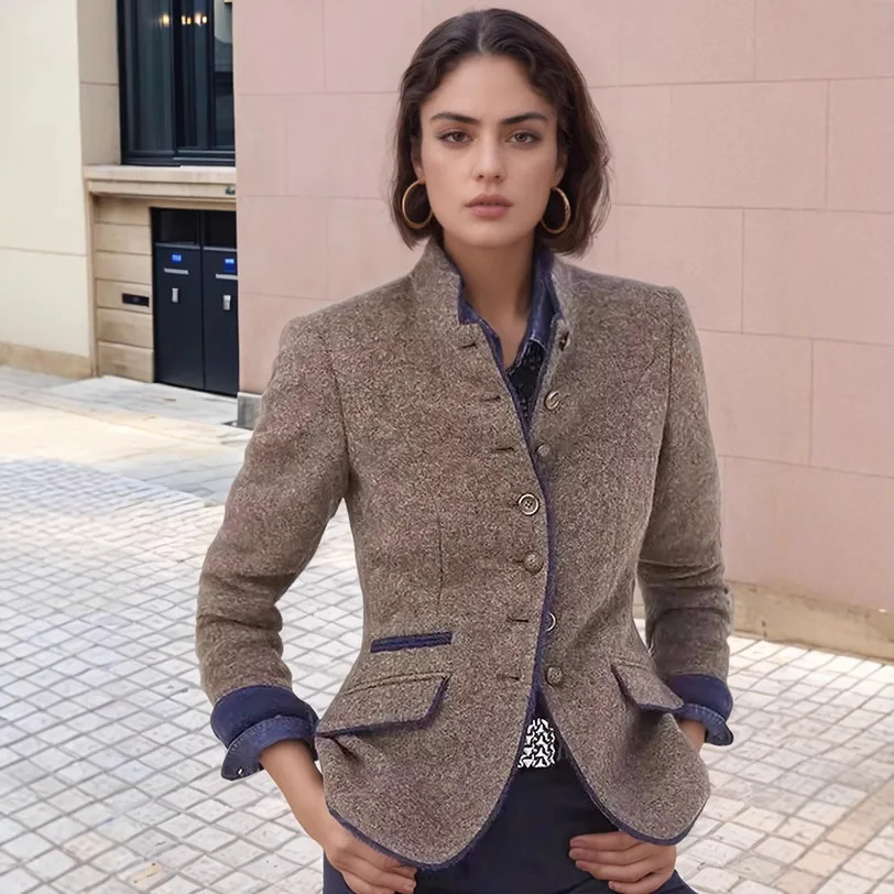 

KIDCRKJ Самое продаваемое женское весеннее шерстяное пальто, однотонное, с V-образным вырезом, на одной пуговице, приталенная куртка в стиле Instagram, женская верхняя одежда