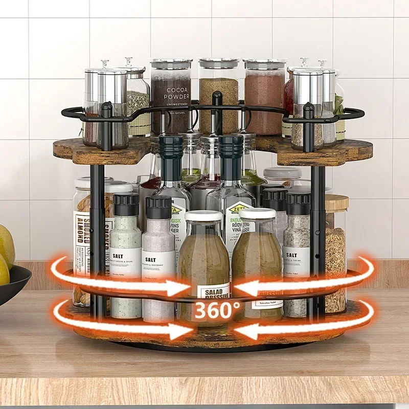 

360° Spices Rack Rotating Seasoning Holder Storage Tray Organizer Wooden Oil, Salt, Soy Bottle Storage for Kitchen Rack