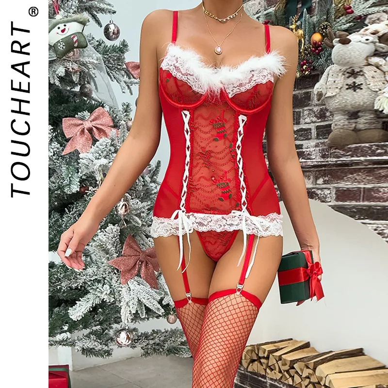

Toucheart Christmas Erotic Bodysuit Sling Lace Sexy Feather Seductive Patchwork Intimate Versatile Seductive Women Bodysuit Set