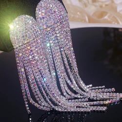 New Sparkling Full Rhinestone Oversize Tassel Earrings for Women Dinner Party Drop Dangle Crystal Earrings Wedding Jewelry Gifts