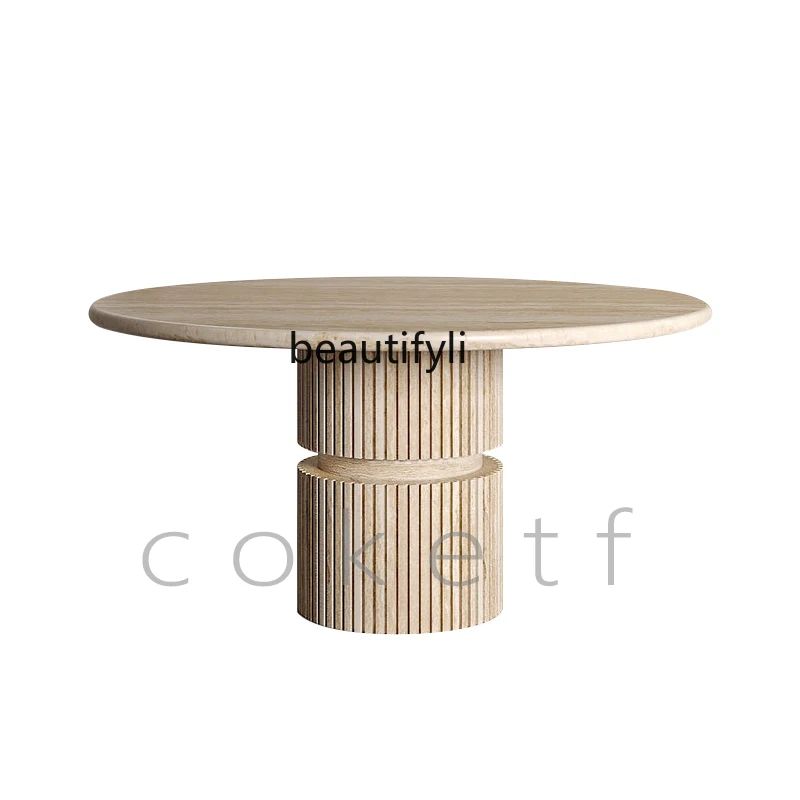 

French light luxury high-end natural Roman travertine marble round dining table small apartment model room