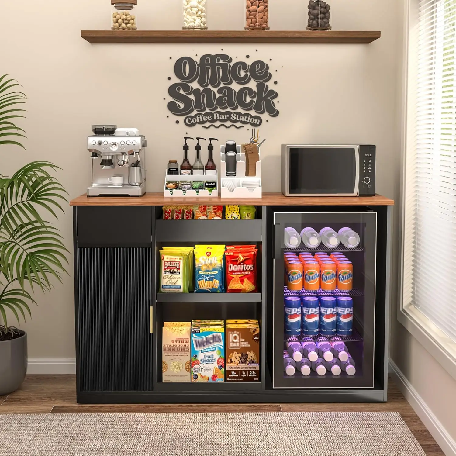 

Snack Bar Cabinet with Fridge Space Storage Display Shelf Coffee Station Home Theater Game Room 51.2in L Custom