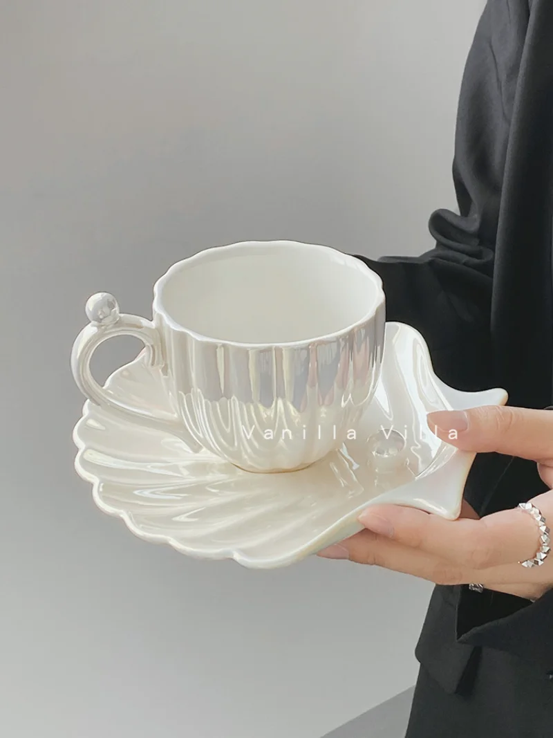 

Ins Shell Ceramic Mug Female Coffee Water Cup Household Pearl Cup and Saucer Set High Appearance Level Cup with Hand Gift