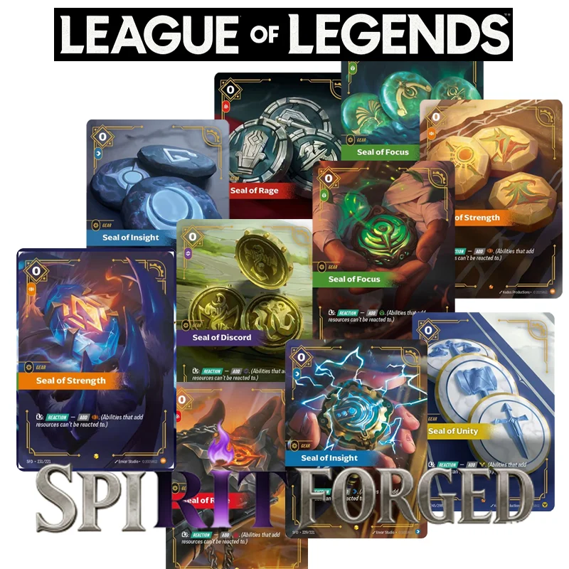 Tarjeta de Juego de League of Legends en Inglés, Serie SFD Seal, Sello de la Discordia, Sello de la Visión, Sello de la Unión, Sello de la Fuerza