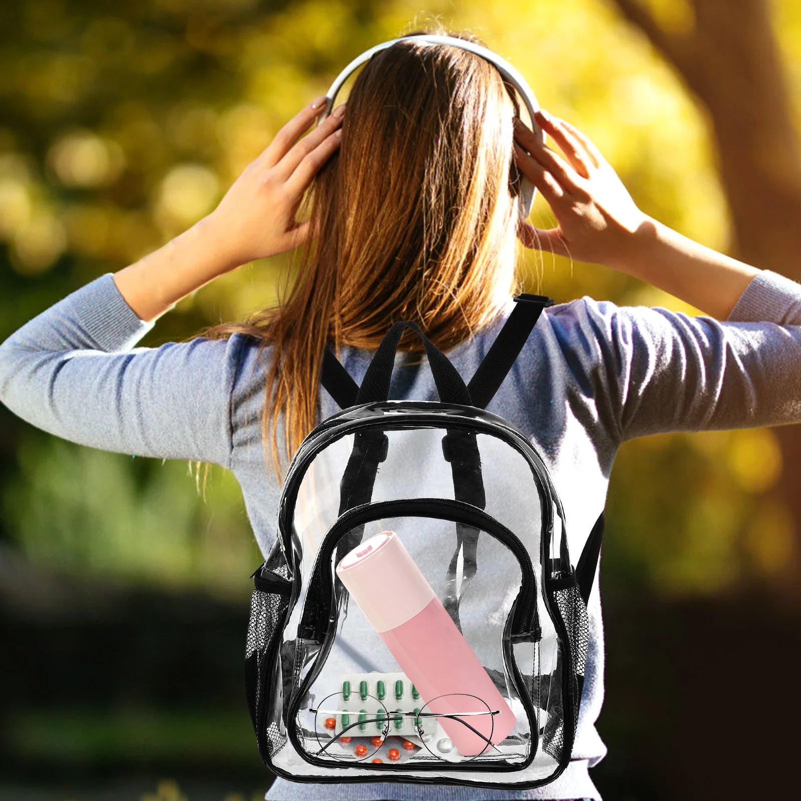 حقيبة ظهر شفافة من مادة PVC حقيبة ظهر صغيرة شفافة قابلة للتعديل بحزام كتف معتمدة من الاستاد للنساء أثناء السفر والمدرسة #3