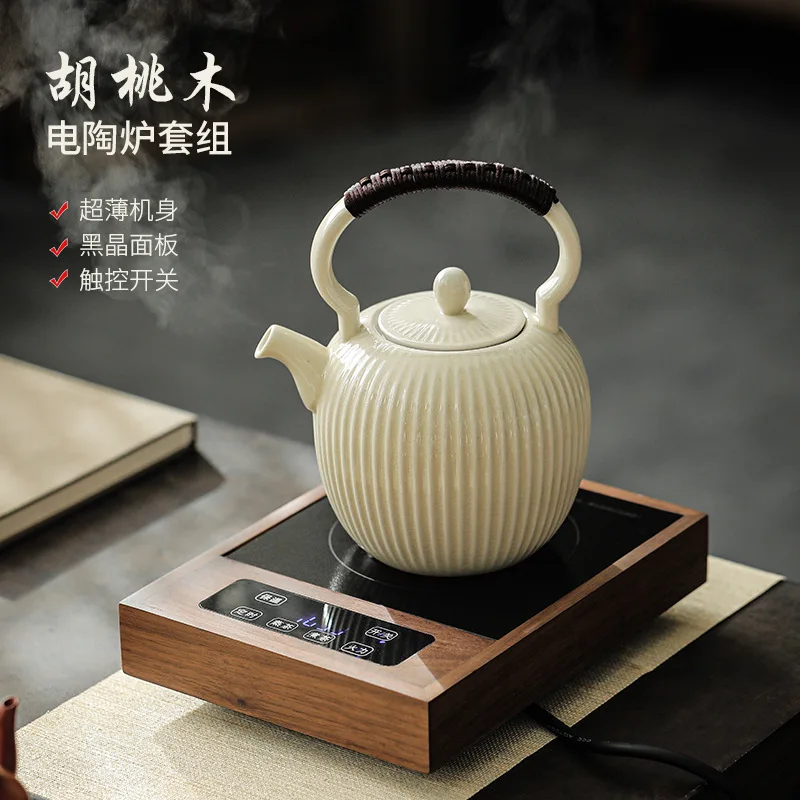 

800ml Soda Glaze Striped Ceramic Teapot Lifting Beam Pot For Electric Ceramic Stove Boiling Water Kettle Brewing Teaset Tea Item