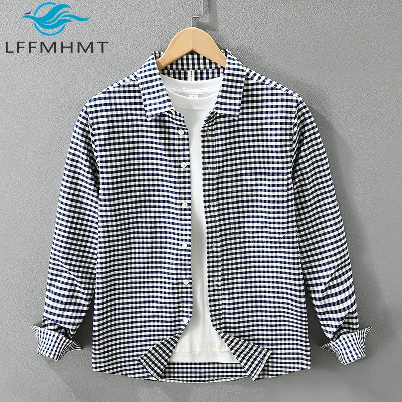 

7838 японская клетчатая рубашка с длинными рукавами в стиле ретро из 100% хлопка на весну и осень, универсальные мужские топы свободного покроя для литературного отдыха