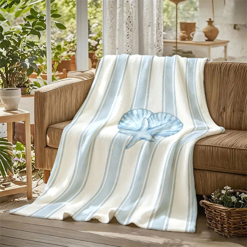 Seashell Stripe Flannel Blanket Warm Soft Halloween Christmas Decorative Couch Warm Cozy All-Season Gift