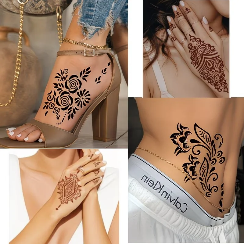 6styles Tattoo Stencil Set Reusable Indian Henna Pattern Tattoo Templates Kit for Creative Body Art Parties Special Occasions view 5