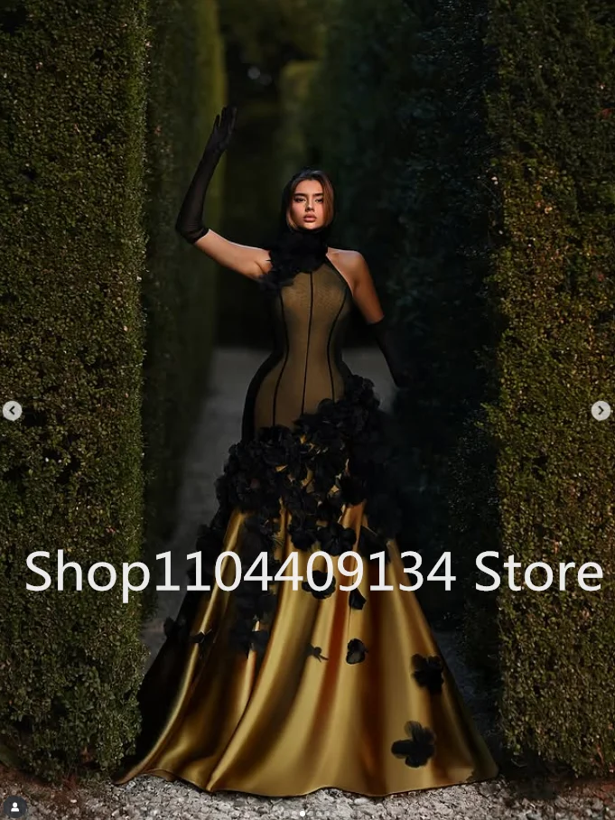 Vestidos largos de sirena para ocasiones de graduación, color negro y dorado, cuello alto, Floral 3D, vestido de fiesta de noche moderno para mujer, Jersey a medida personalizado