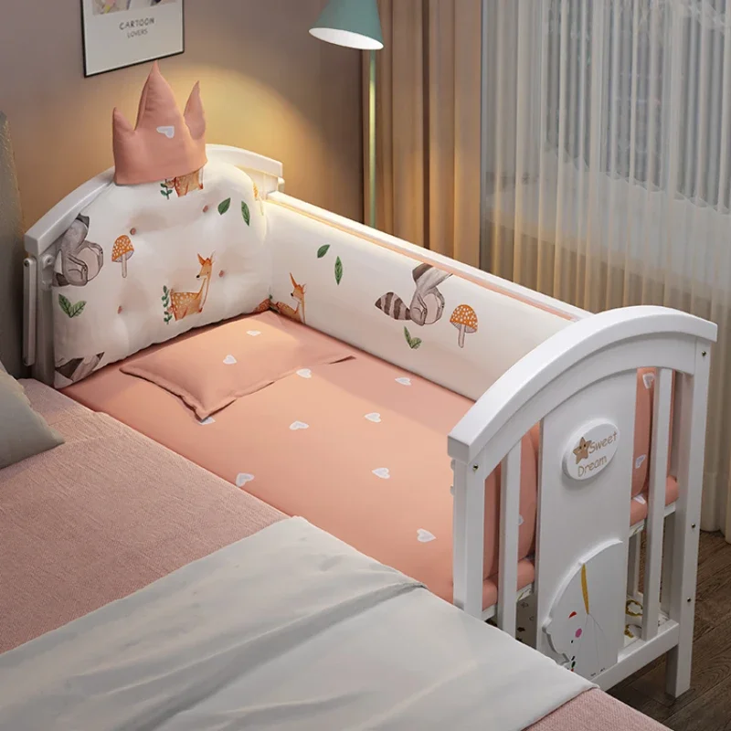 Solid wood spliced crib Multifunctional European style children's bed Movable newborn cradle large bed Baby Rest Chair