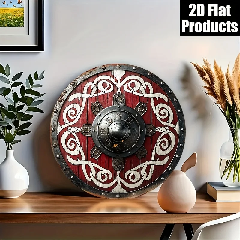 2D Flat - 1pc of a Flat Metal Sign Featuring a Viking Shield Design, Measuring 20.32Cm by 20.32Cm, Designed in an vintage Style