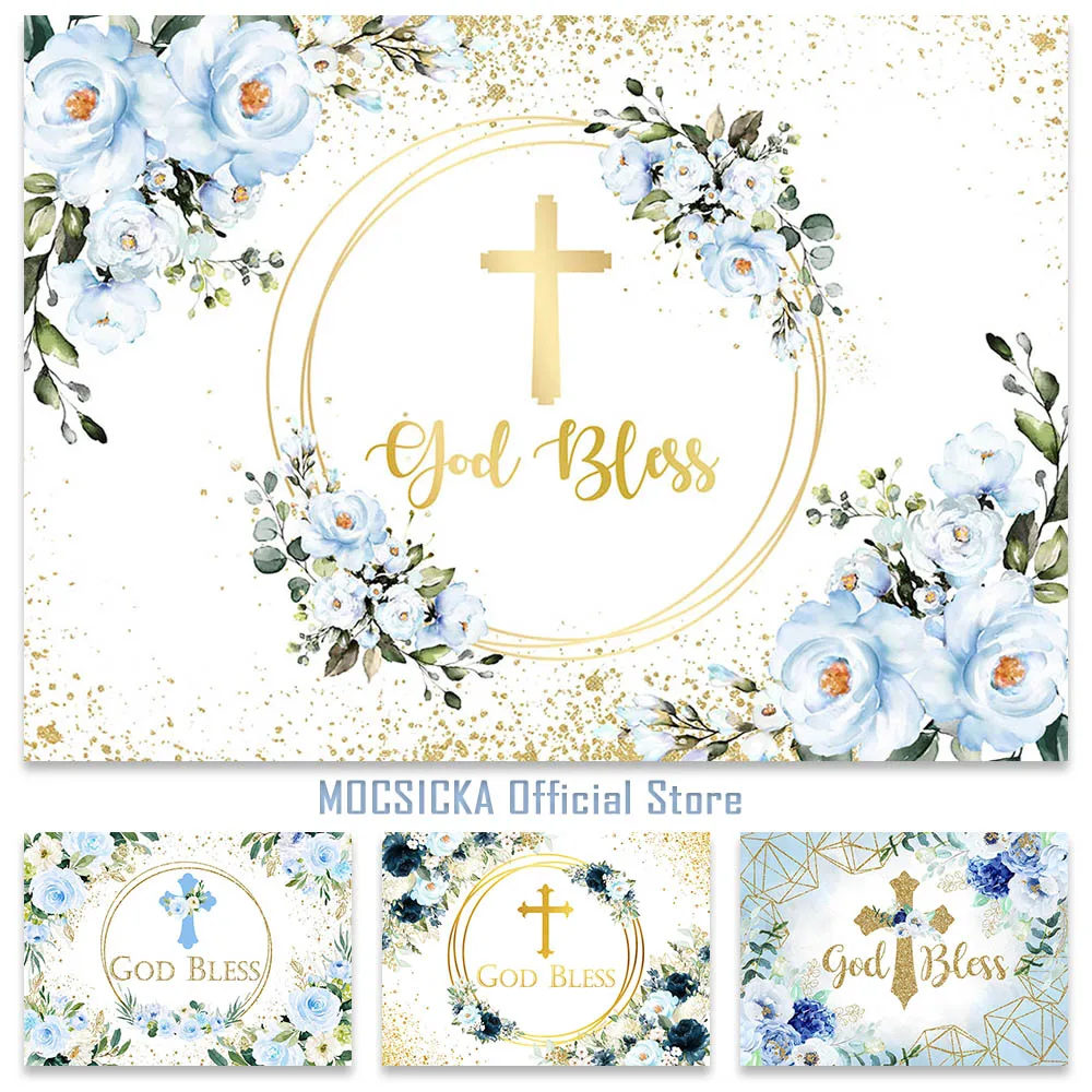 Boy First Holy Communion Backdrop Gold Bless Baptism Party Decor Blue Floral Gold Glitter Background Baby Shower Photo Props