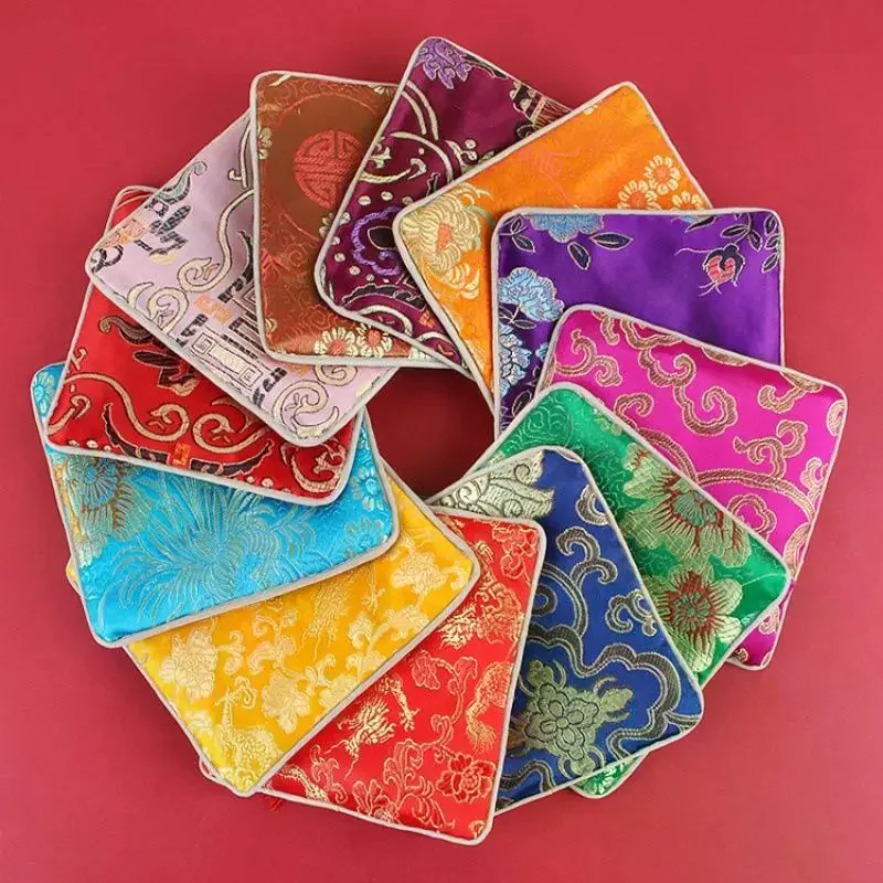 Chinese Brocade Square Storage Bag: Embroidery Pattern Tassel Zipper Jewelry Small Items Daily Use