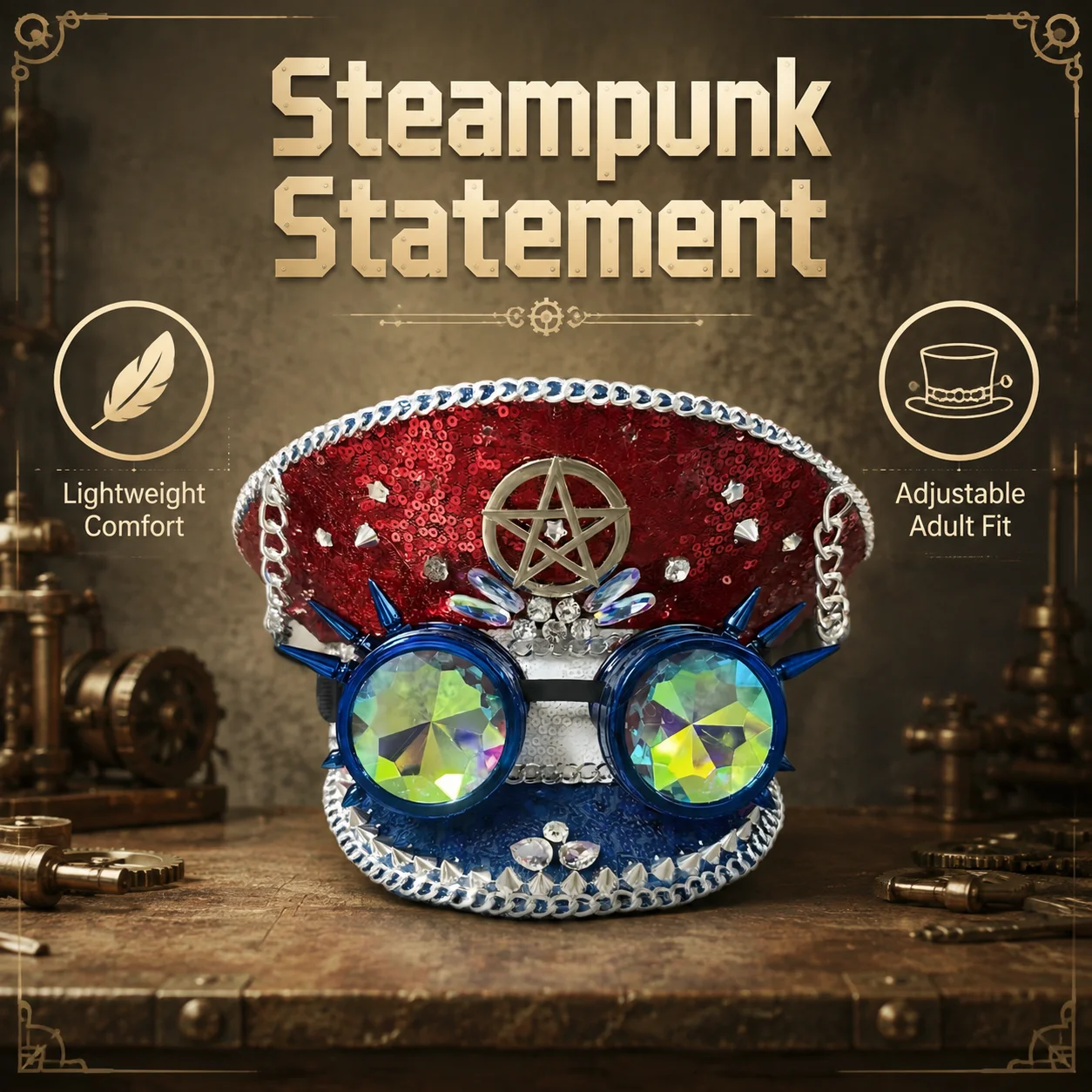 Steampunk Captain Hat Rhinestone for Music Festival, Halloween, Disco, Burning Man, Vintage Party Cap for Men & Women
