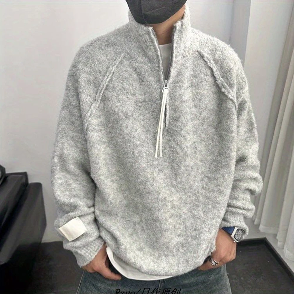 

Knitted Sweater Men Autumn Winter American Fashion Trend Loose Stand Collar Half Zipper Jacket Lazy Style Y2k Sweater Jacket Men